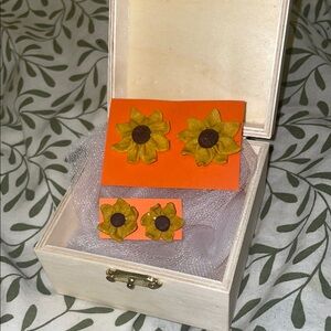 Handcrafted Sunflower Earrings Set + Wooden Box